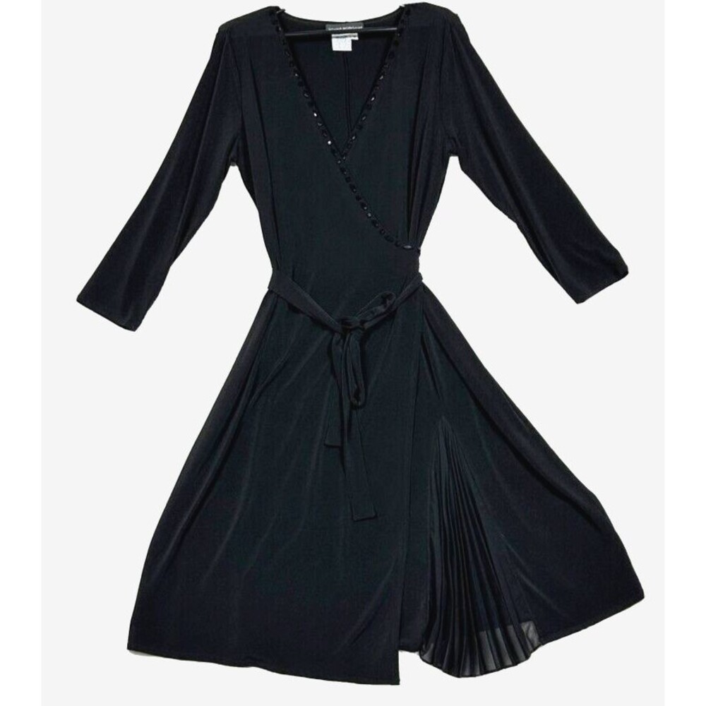 Donna Morgan Dress 16 Midi Black Long Sleeve Chiffon Fanning Jeweled Wrap style